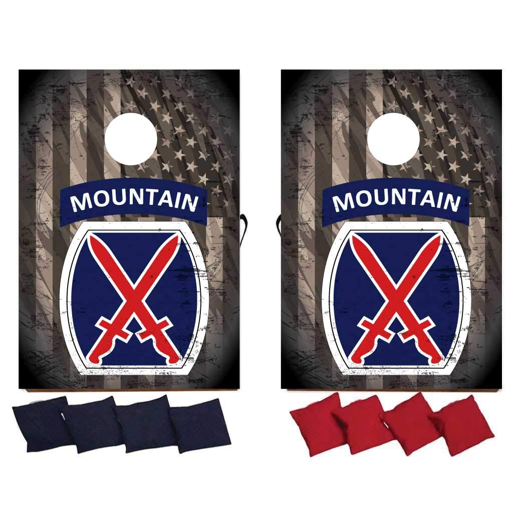 VictoryStore Cornhole Games - 10th Mountain Division Cornhole Game - Military Bag Toss Game - 8 Bags Included - Wooden Boards - Made in The USA (Flag)