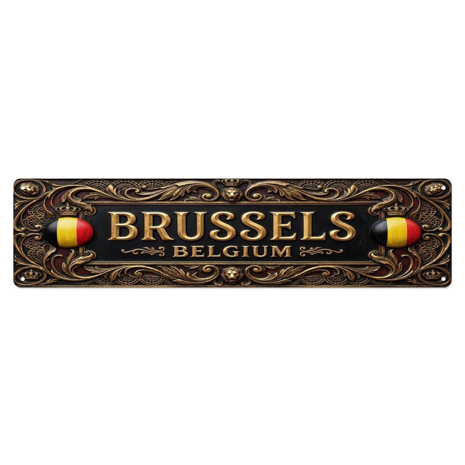 Olhnbad 4X16inch(10X40cm) Vintage Brussels Belgium Flag Pattern Metal Tin Sign