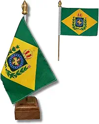 Bandeira de Mesa Elegance do Brasil Imperial, Decorativa, Dupla Face, Multicolorido, 19x30cm, Base em Madeira Natural, para Escritório, Eventos e Decoração