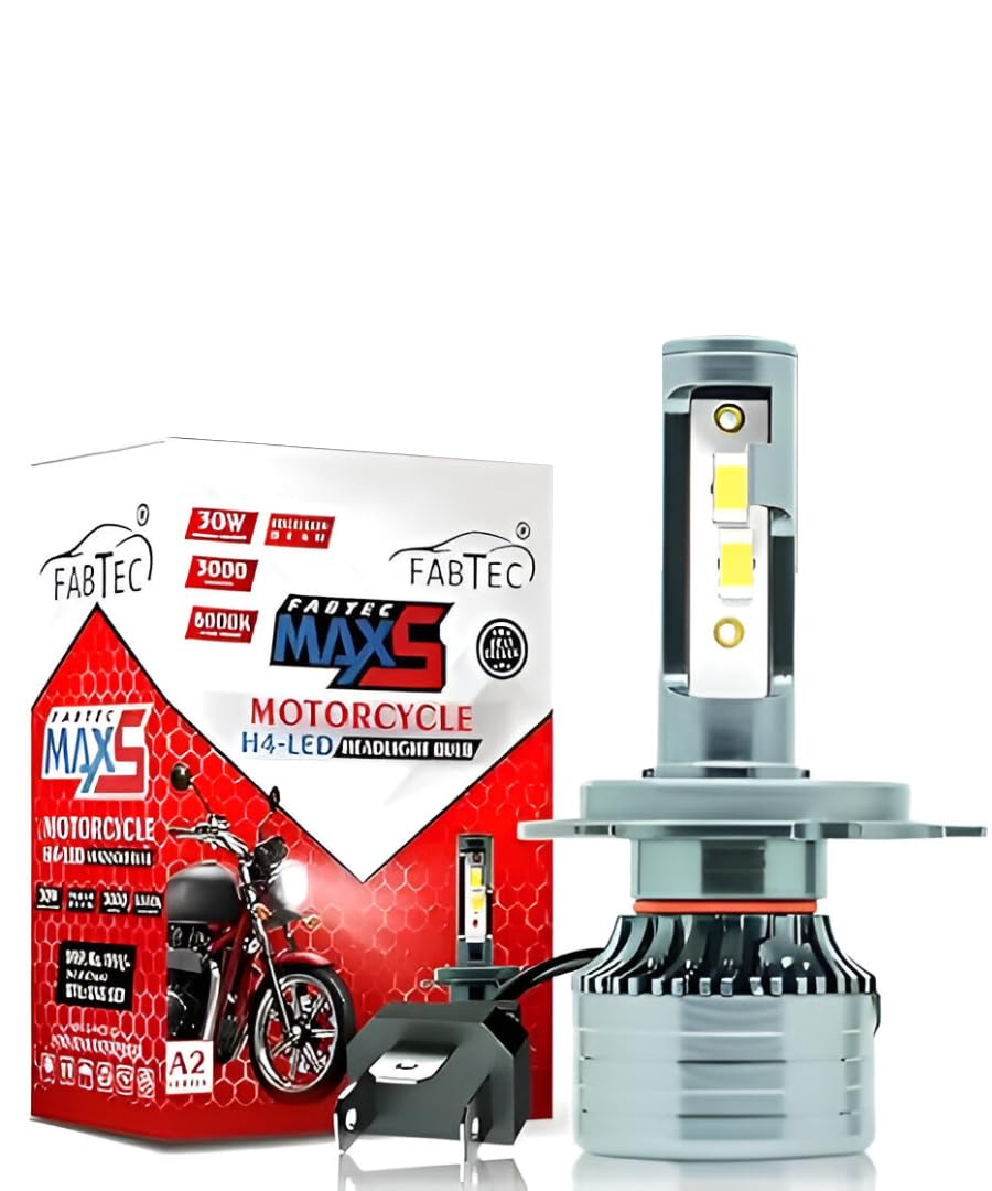 FABTEC Max5 A2 H4 LED Headlight Bulbs for Bikes, Motorcycles & Scooty 30w/3000 Lumens Super Bright 6000K Pure White Conversion kit Driving Headlamps, (Pack of 1)