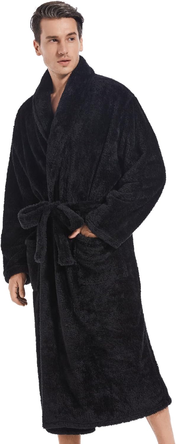 Inner Wish Mens Plush Fleece Robe, Cozy Warm Bathrobe Fuzzy Male Spa Long Robe With Pockets (DARK GREY) - Image 2