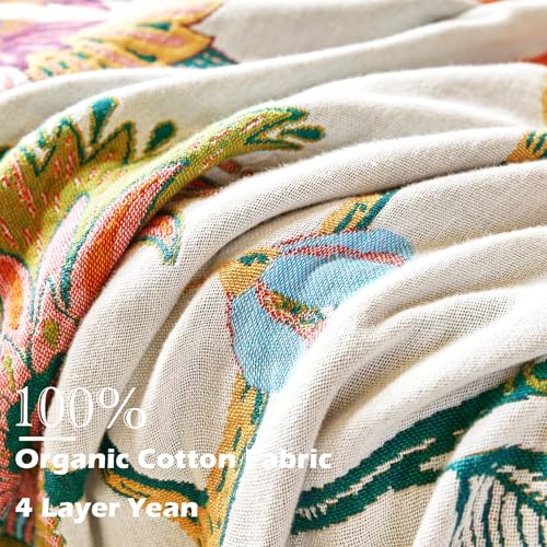 Boho Throw Blanket, 100% Organic Cotton Breathable Skin-Friendly Ultra Soft Bed Quilt Throw - All Season Floral Bird Farmhouse Décor Luxury Blanket for Sofa Couch Chair and Gift. 60" x 80"