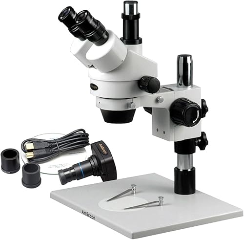 AmScope SM-1TZ-FRL-M Microscopio Digital Profesional Trinocular Estéreo Zoom, WH10x Oculares, Aumento 3.5X-90X, Objetivo de Zoom 0.7X-4.5X, Anillo