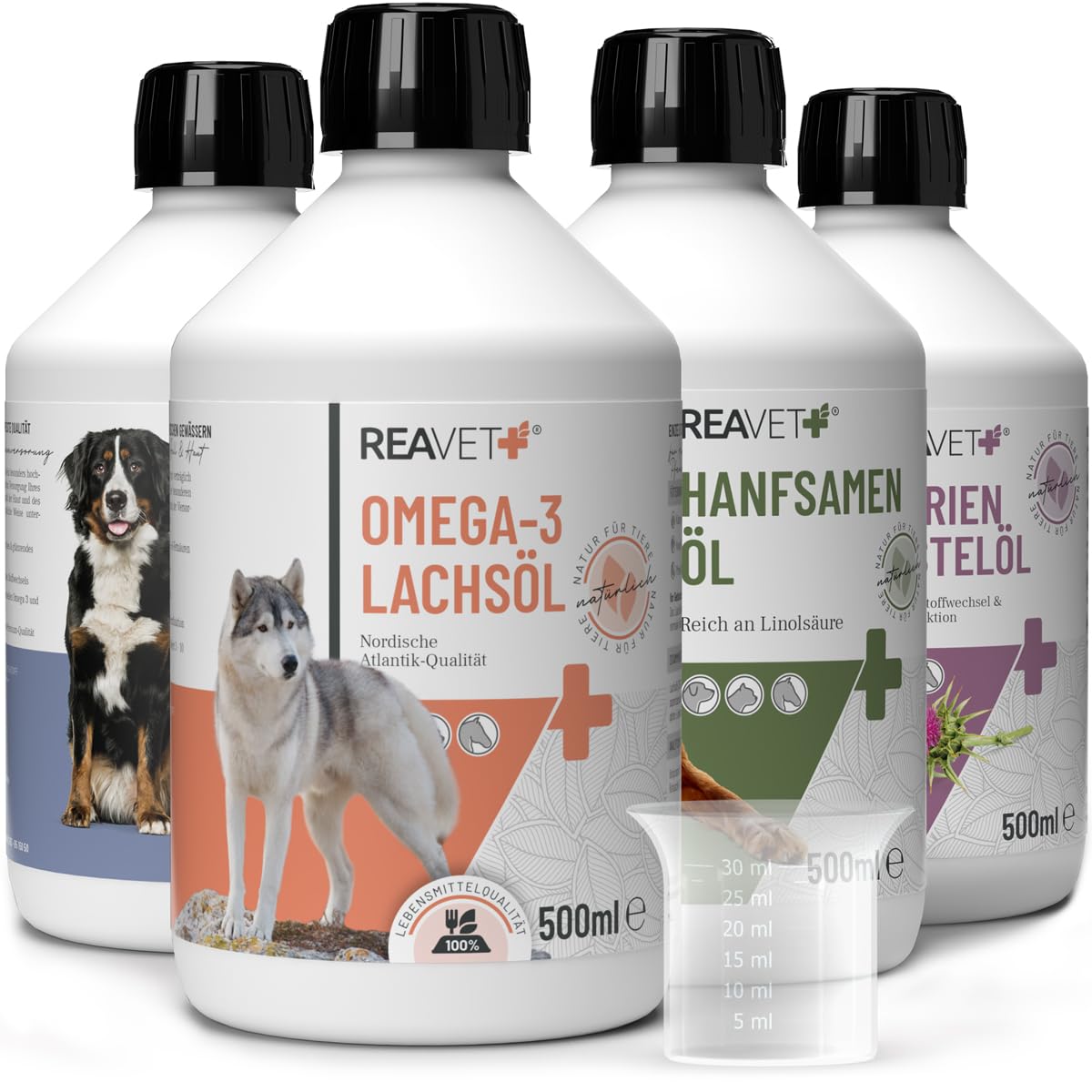ReaVET Futteröl Hunde – 4 Sorten x 500 ml I Barf Öl Set I Kaltgepresst & ohne Zusätze I Natürlicher Barf Zusatz I Omega-3 & Omega-6 Fettsäuren für Fell, Haut & Vitalität