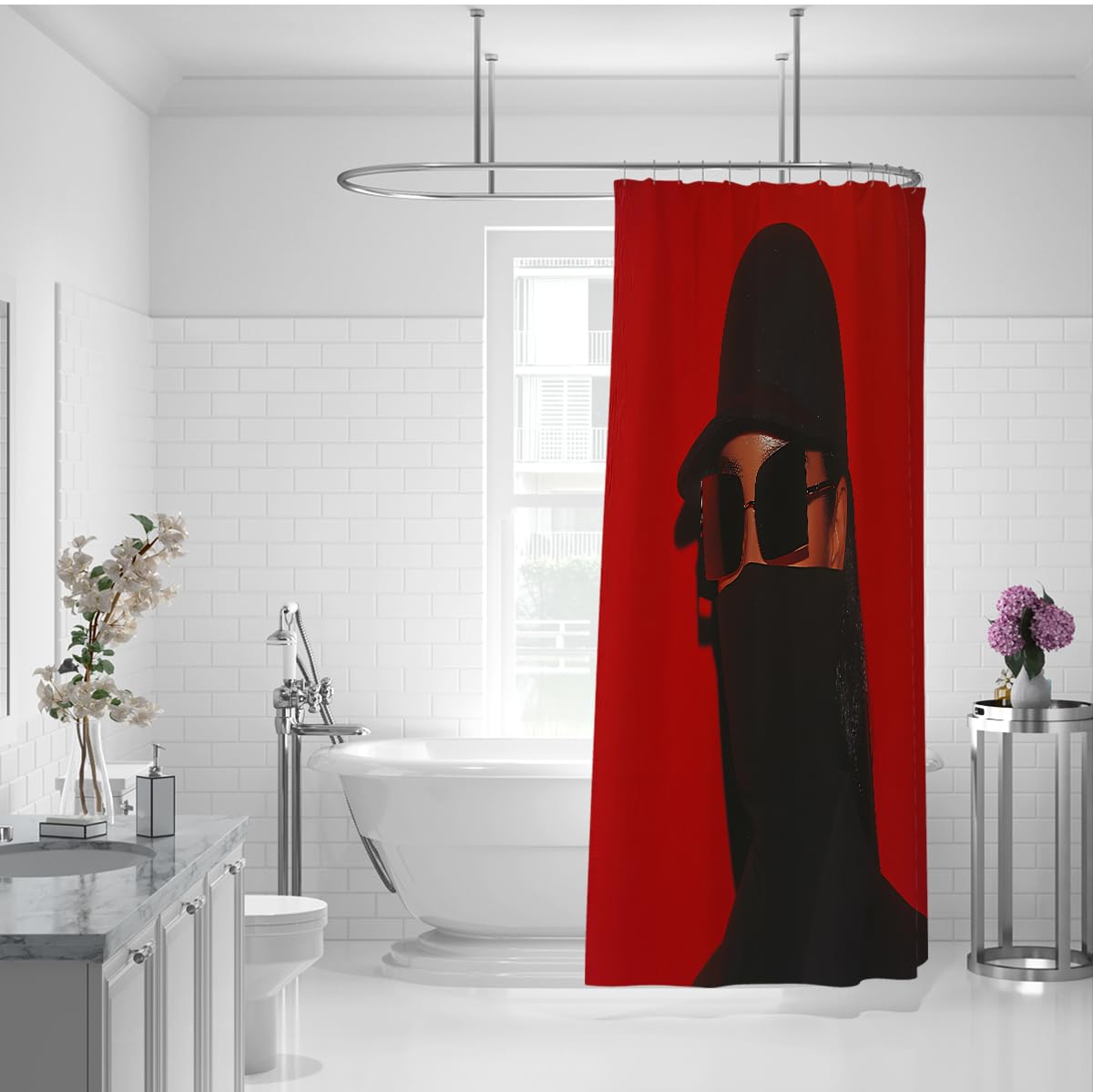 Schwarze Kapuzen-Silhouette Duschvorhang Futuristische Mode Kunst Badevorhänge Minimalistisches Gesichtsdesign Badewannenvorhang Extra Langer Stoff 200 x 200 cm