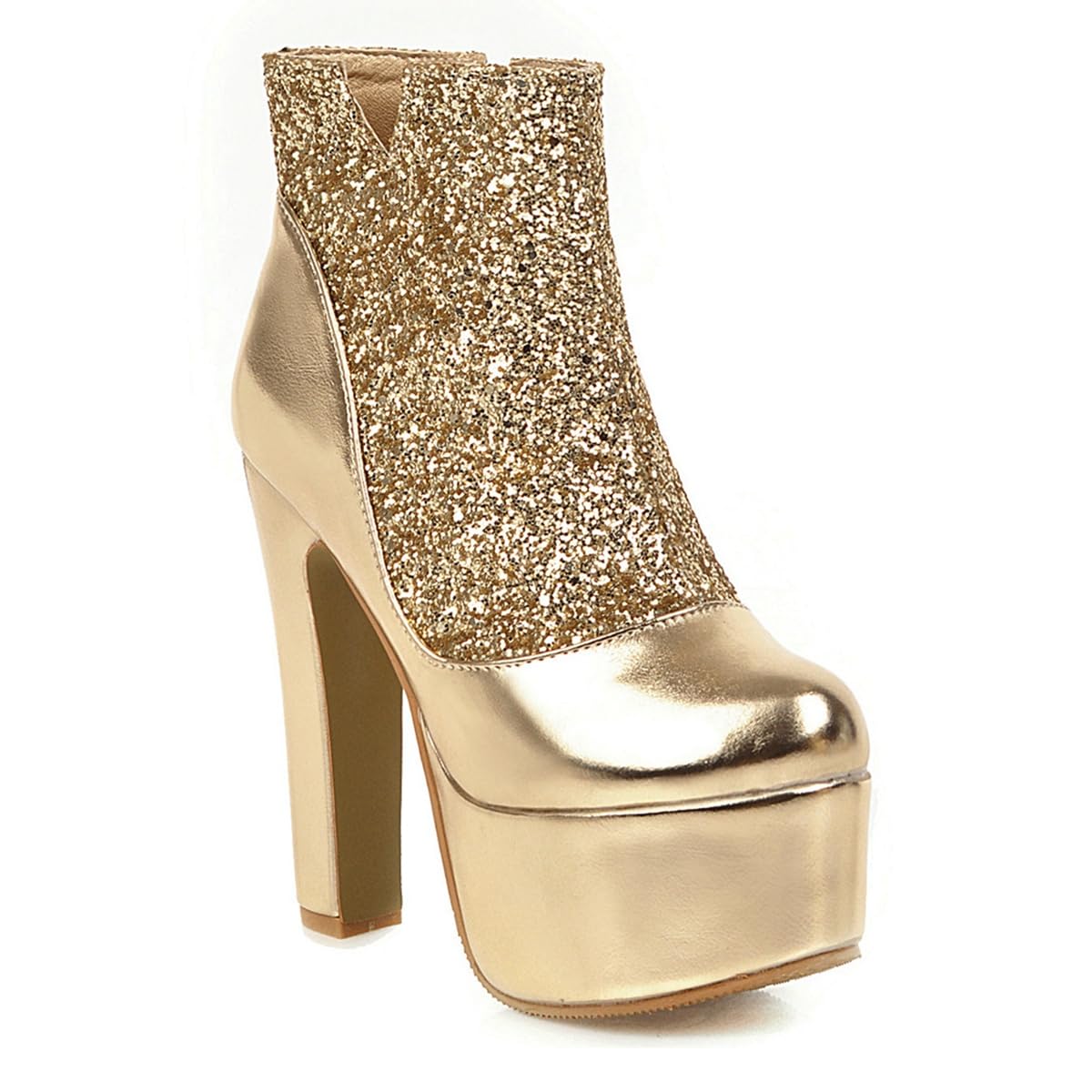 Womens Chunky Platform High Heel Ankle Boots Glitter Sequins Zipper Wedding Party Dressy Short Booties