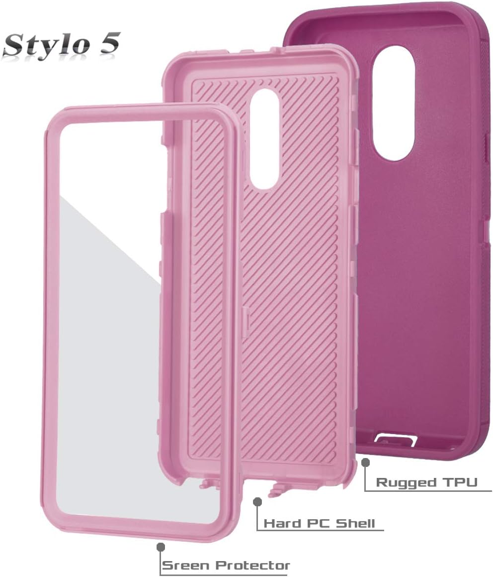 Annymall Case for LG Stylo 5 Case, Tri-Layer Heavy Duty [with Built-in Screen Protector] Hybrid High Impact Resistant Rugged Full-Body Shockproof Cover for LG Stylo 5 (Wine/Pink)
