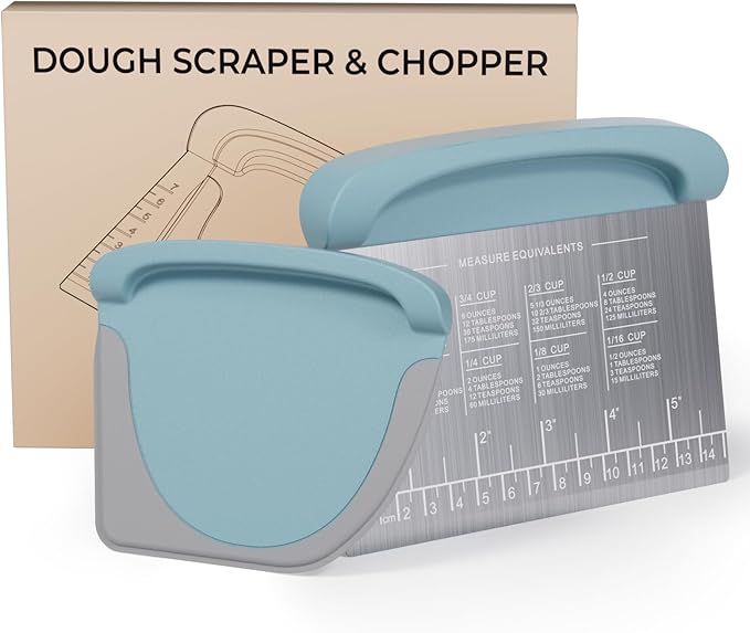2 IN 1 Upgrade Bench Scraper, Dough Scraper for Pastry Bread Cake Pizza, Stainless Steel Dough Cutter with Conversion Chart & Measuring Scale, Bowl Scraper Food Scraper for Kitchen Baking, Blue