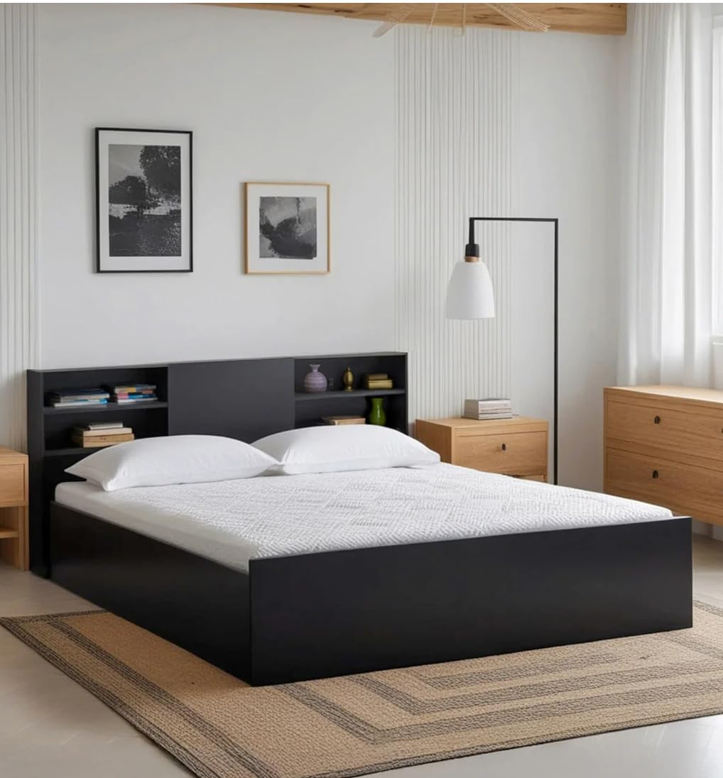 Engineered Wood,Modern Queen Size Storage Bed with Bookcase Headboard, Black, 201 x 158 cm Engineered Wood,Modern Queen Size Storage Bed with Bookcase Headboard, Black, 201 x 158 cm