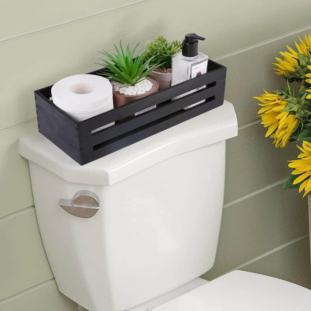 LotFancy Bathroom Decor Box, 2 Pack Wooden Toilet Paper Holder, Black Toilet Tank Basket, Back of Toilet Storage Basket, Farmhouse Toilet Tank Topper