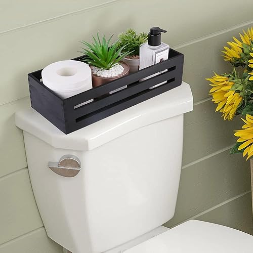 Miniatura 4 de LotFancy Caja de decoración de baño, paquete de 2 soportes de madera para papel higiénico, cesta negra para tanque de inodoro, cesta de