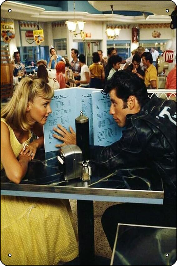 Olivia Newton-John and John Travolta in 'Grease', 1978 Poster Metal Tin Sign 12 X 8 Inch Funny Man Cave Home Office Bar Decor