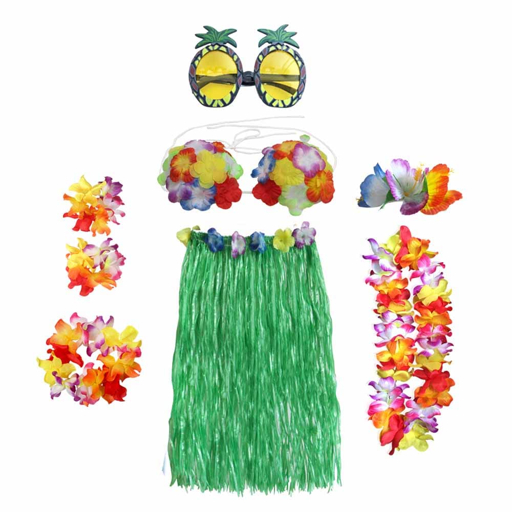 8PCS Hula Skirt Costume Hawaiian Leis Dancer Dress Set with Flower Bikini Top, Hawaiian Lei, Hibiscus Hair Clip, Pineapple for Adults Fancy Dress Supplies Party Summer Beach Tropical Party - Green