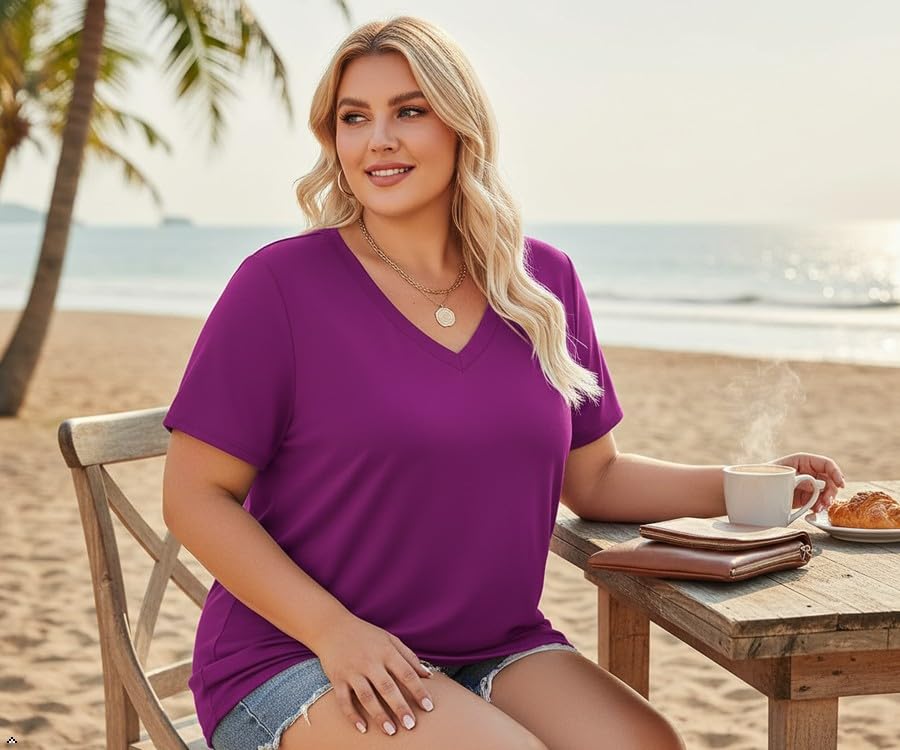 Image of ForHailey Women's Plus Size Short Sleeve Tee Shirt V Neck Basic Ladies Loose Fit T Shirt 1X-5X