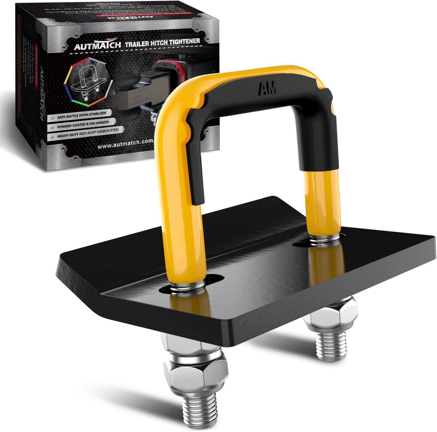 AUTMATCH Hitch Tightener Anti-Rattle Clamp, Heavy Duty Hitch Stabilizer for 1.25 and 2 inch Trailer Hitches, Rubber Isolator and Anti-Rust Double Coating Protective, Yellow & Black