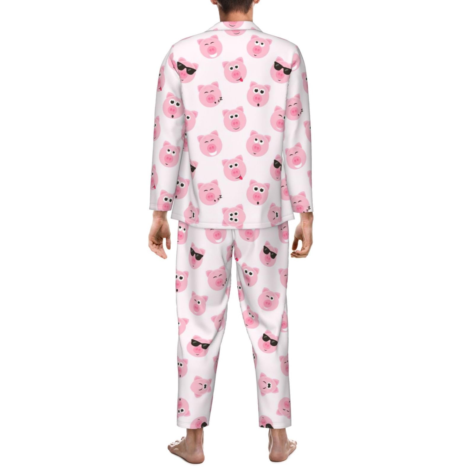 Conjunto de pijama divertido con estampado de cara de cerdo rosa para hombre, pijama suave de manga larga con botones y bolsillos