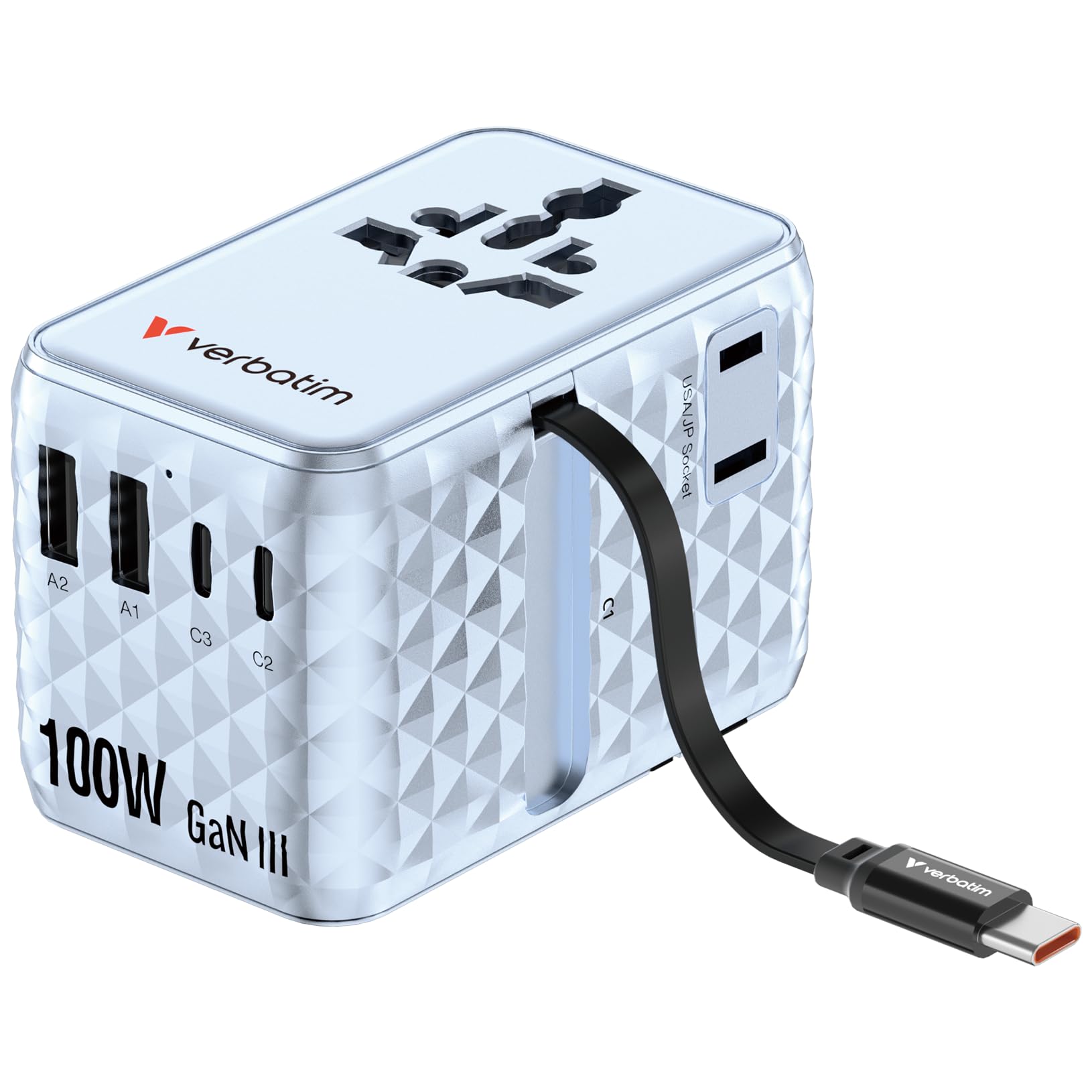 Verbatim GaN adapter podróżny 100 W, niebieski, adapter do gniazdka z wbudowanym kablem i 2 x USB-C, 2 x USB-A, 2 x złącze USA/JP, uniwersalna ładowarka do szybkiego ładowania laptopa, smartfona i
