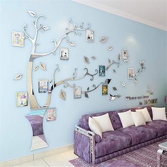 3D Tree Wall Stickers - DIY Photo Frame Tree Wall Decal Family Photo Frame Sticker Murals Wall Decor Living Room Bedroom TV Background Home Decorations (L:91 * 69in,Silver Right)