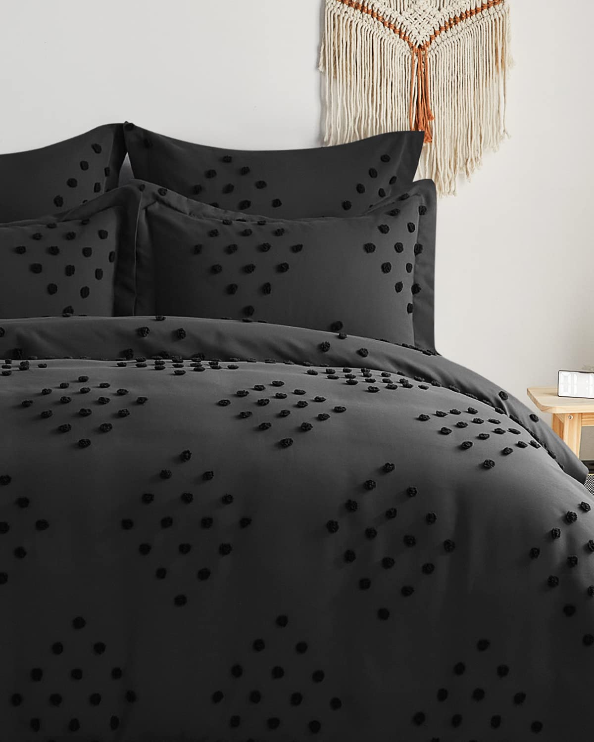 Gemarwel Boho Duvet Cover Set - Queen Size Jacquard Tufted Geo Bedding Set, 3 Pcs Dark Grey Farmhouse All Season Textured Chic Duvet Cover with 2 Pillow Shams (Charcoal, 90 x 90)