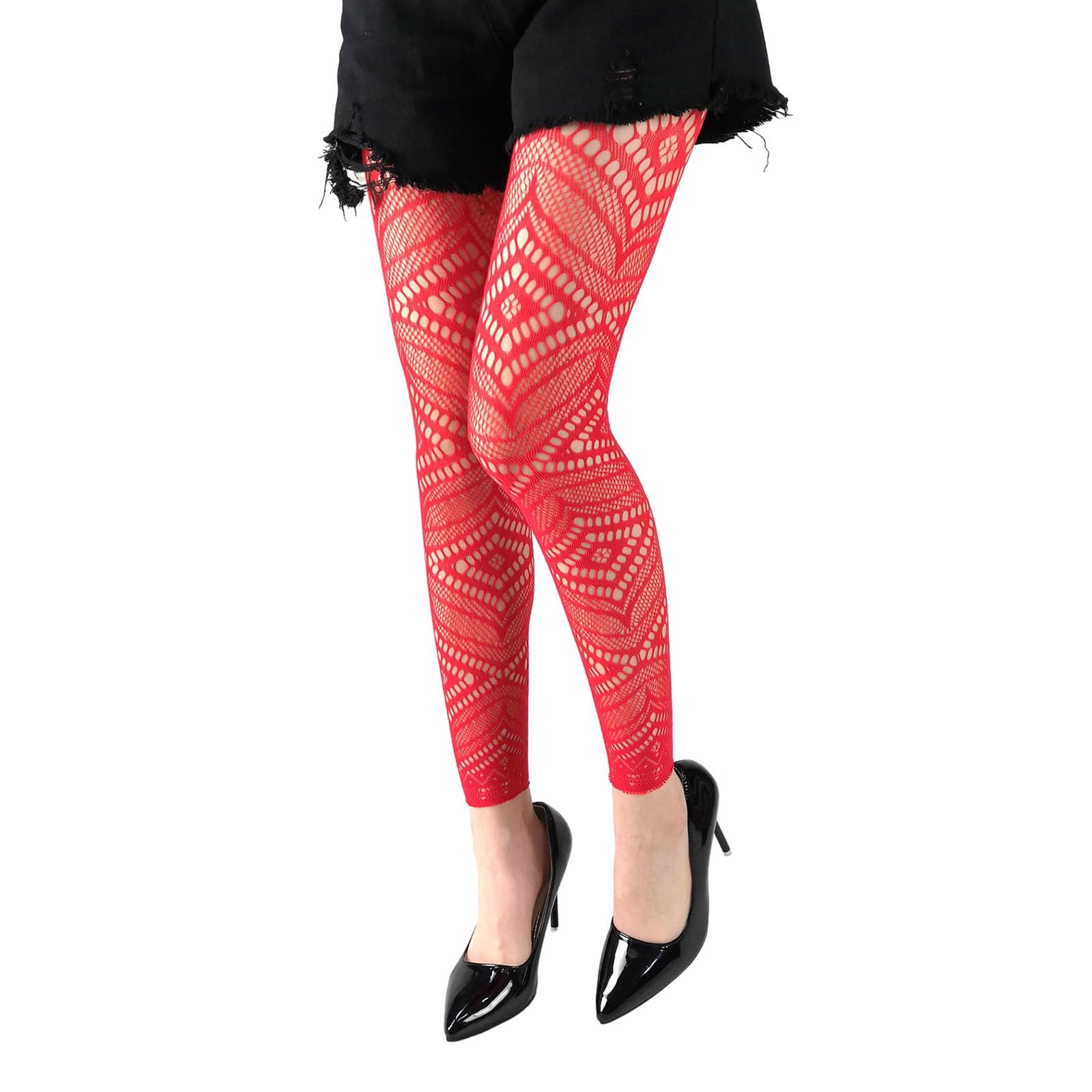 Alloneslife Unisex Red Womens Patterned Fishnet Footless Tights High Waist Net Footless Leggings Pantyhose Sheer Thigh High Stockings(Red)