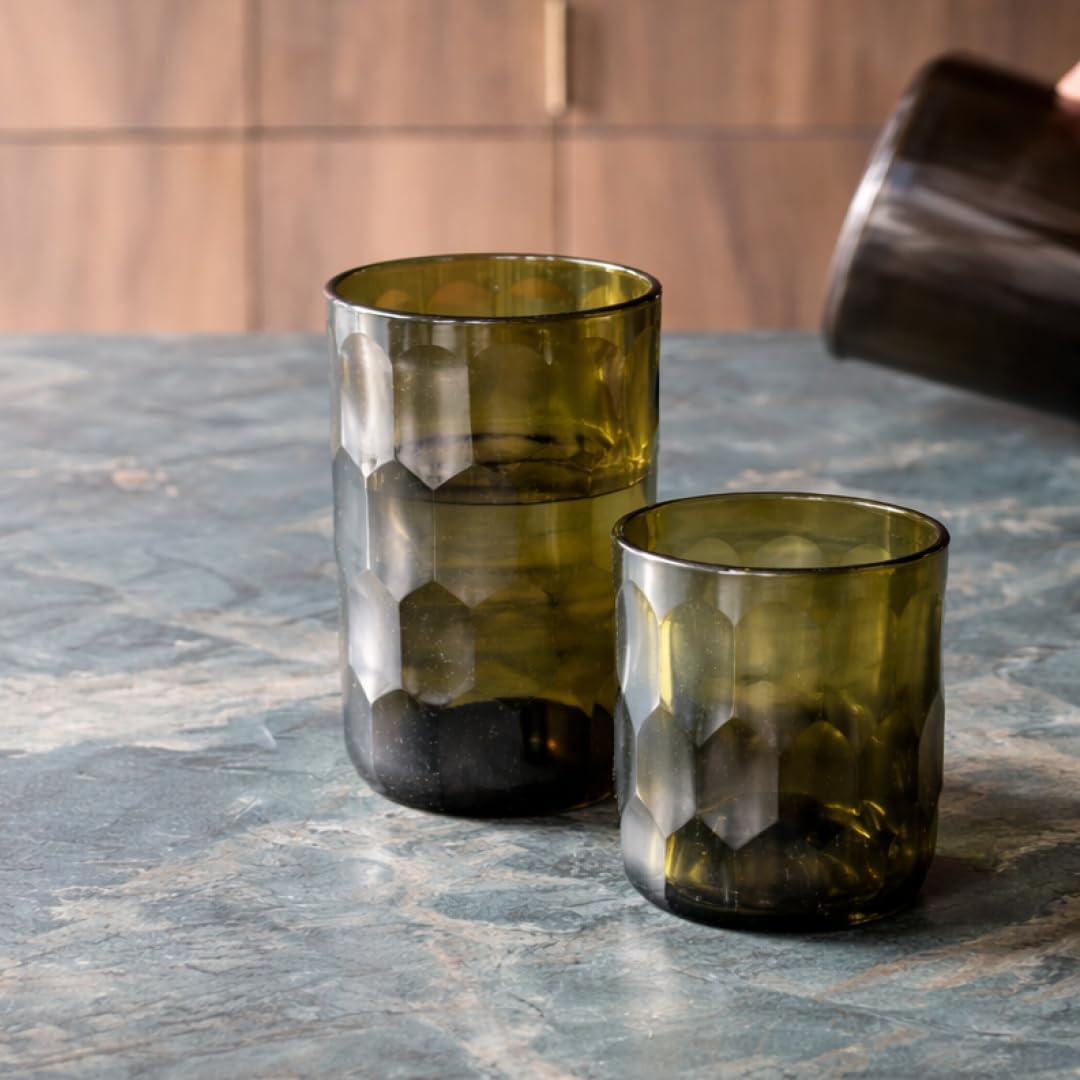 IWAS Upcycled Large Honeycomb Textured Drinking Glasses, Short 8.45 OZ / 250 ML, Set of 4 Olive Green Glasses, Handcrafted Sustainable Glassware - Image 6