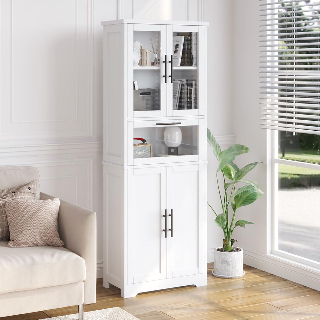 Freestanding Bathroom Storage Cabinet, 67" Modern Large Linen Cabinet Kitchen Pantry with Glass Doors, Versatile Wood Grain Display Bookcase for Living Room, Bathroom, Home Office(incomplet)(image similar )