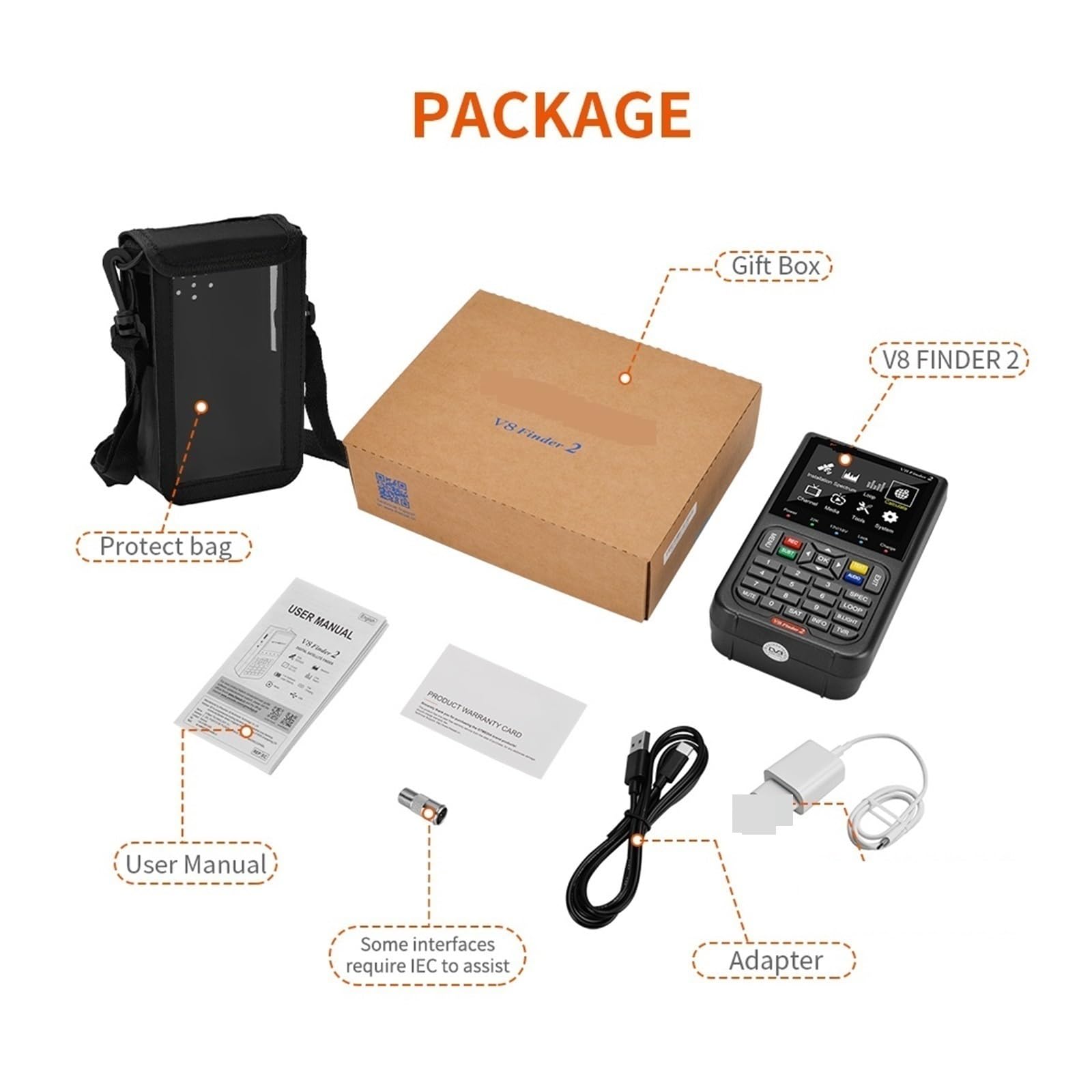 Medidor de Campo TDT, DVB-S2X / S2 / S Buscador de señal satelital V8 Finder2 Medidor 1080P HD 3.5quot; Pantalla de visualización H.264 Receptor de TV digital ,para configurar antena parabólica(With b