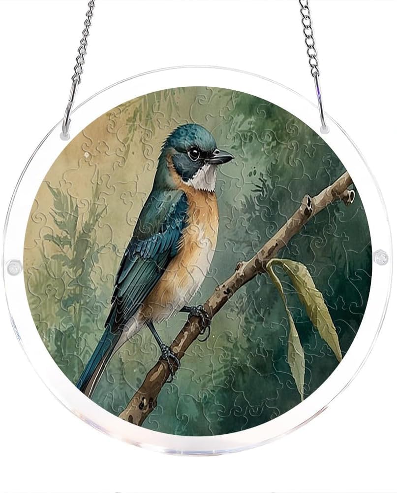 Blue Bird On Branch Acrylic Jigsaw Puzzles Suncatcher, 7.4 Inch Window Hanging Suncatcher Acrylic Puzzle, DIY Home Decor Art Gift