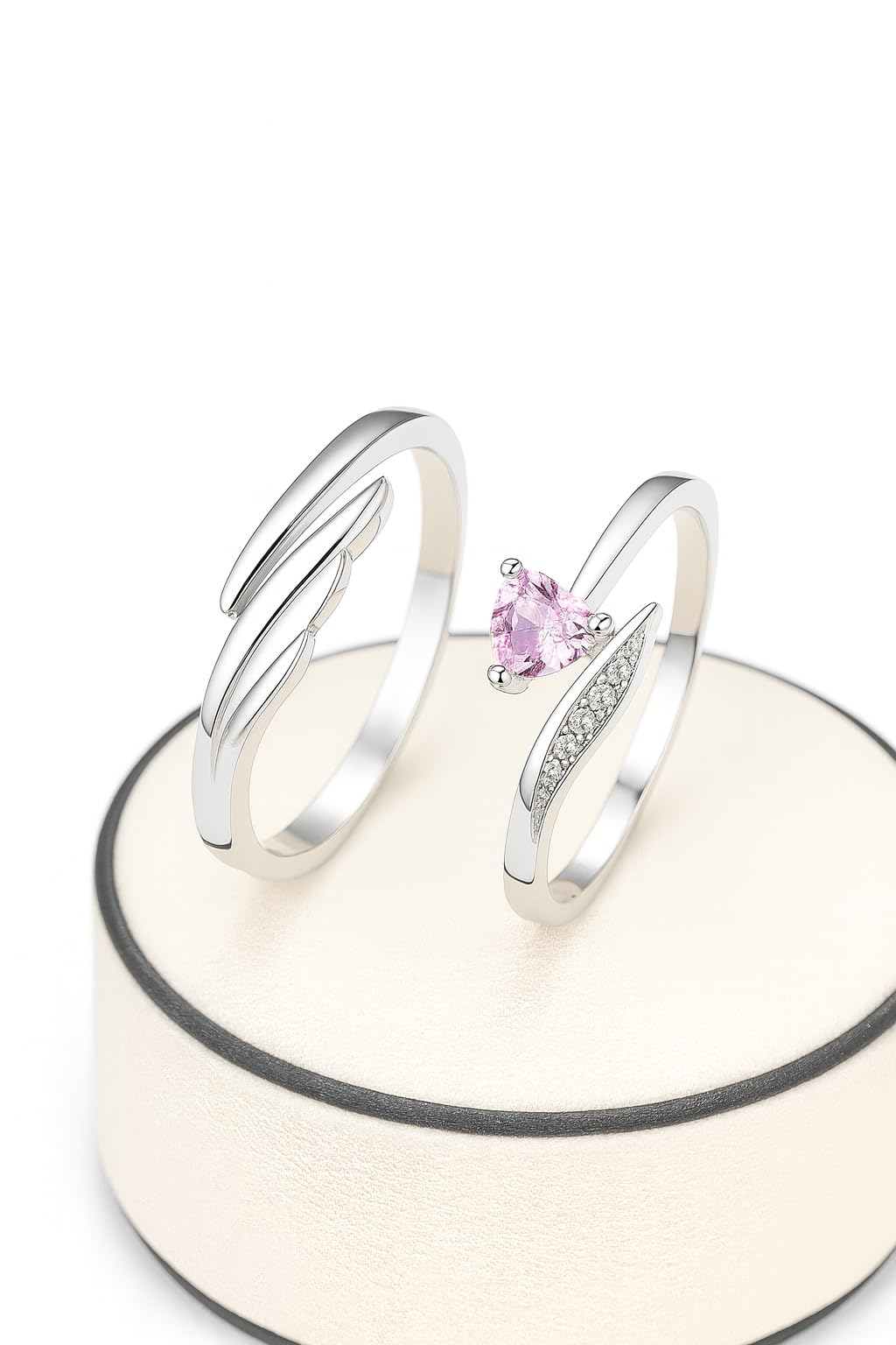 Matching Promise Rings Set, korean style Wing Design with Pink Heart Stone and Crystal Accents, Adjustable Couple Rings, Silver