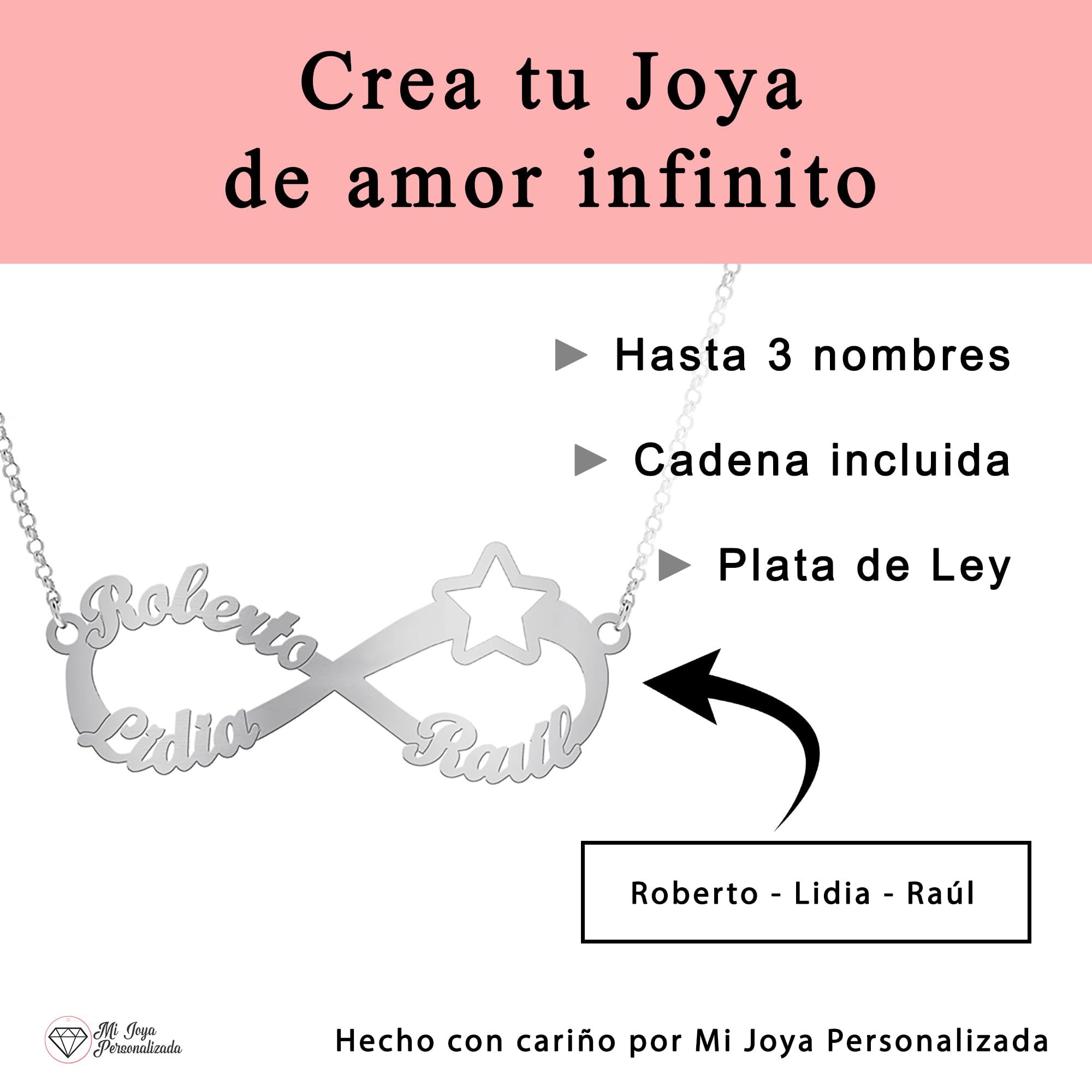 Collar Infinito Mujer Plata de Ley con Estrella personalizado con hasta 3 nombres Regalo para Novia, Madre, Abuela o Día de Enamorados o Navidad