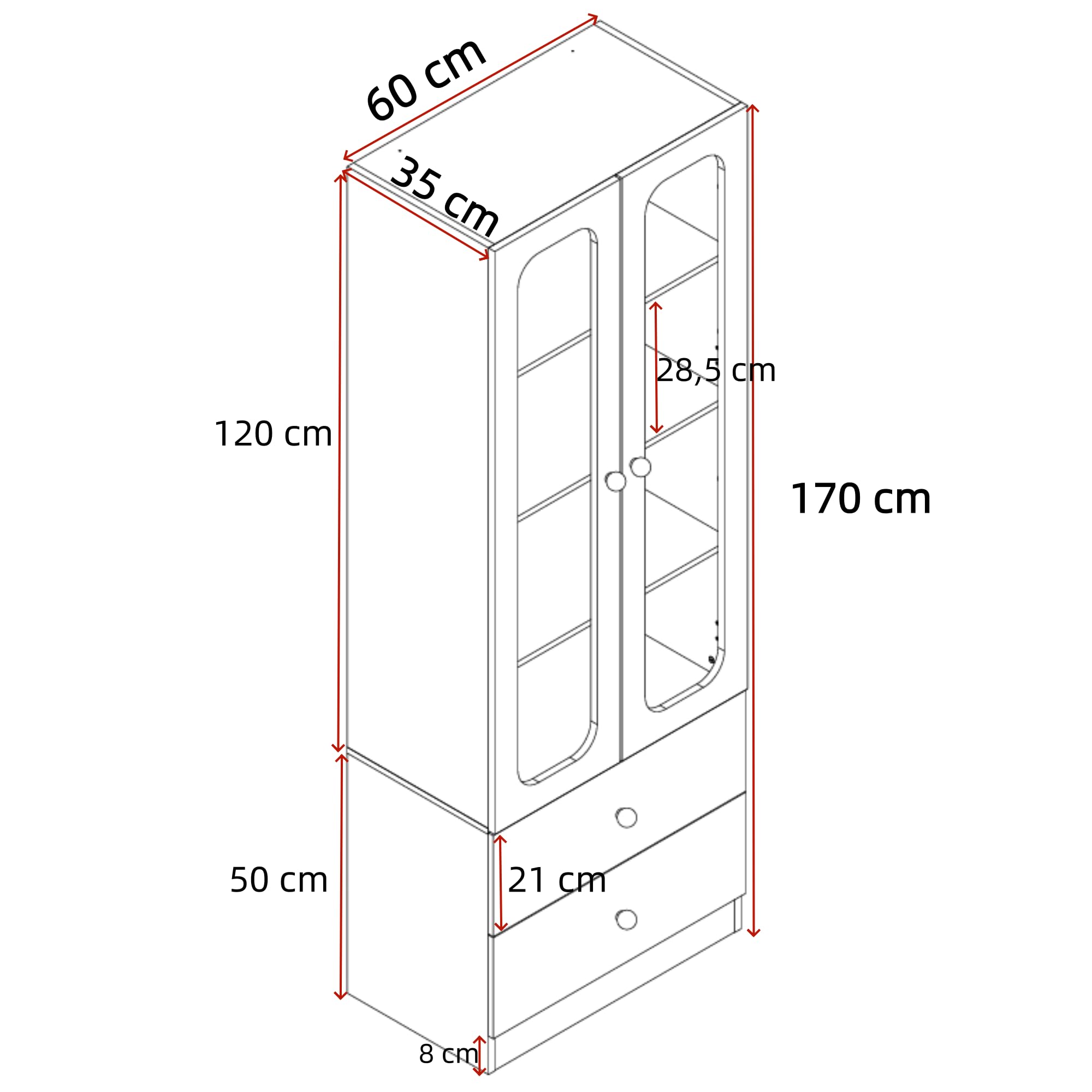 Vitrina de cristal blanco, armario de cocina, vitrina coleccionable, 4 niveles, armario de juguetes con 2 cajones, asas de metal doradas, 60 x 35 x 170 cm
