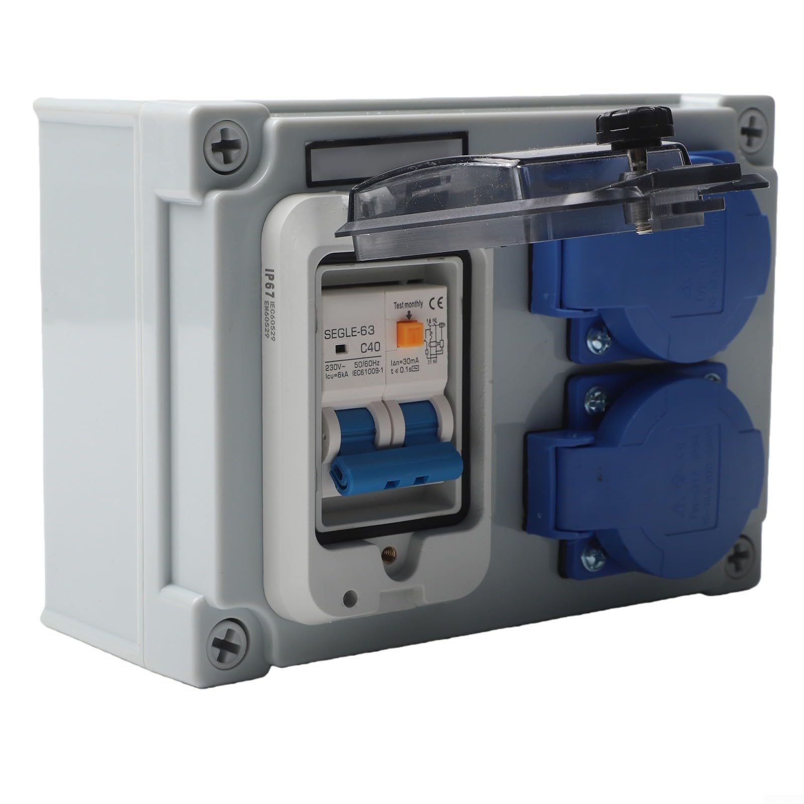 Distribuidor de pared de 2 vías con interruptor FI, 250 V/16 A, carcasa ABS IP67, para exteriores y talleres
