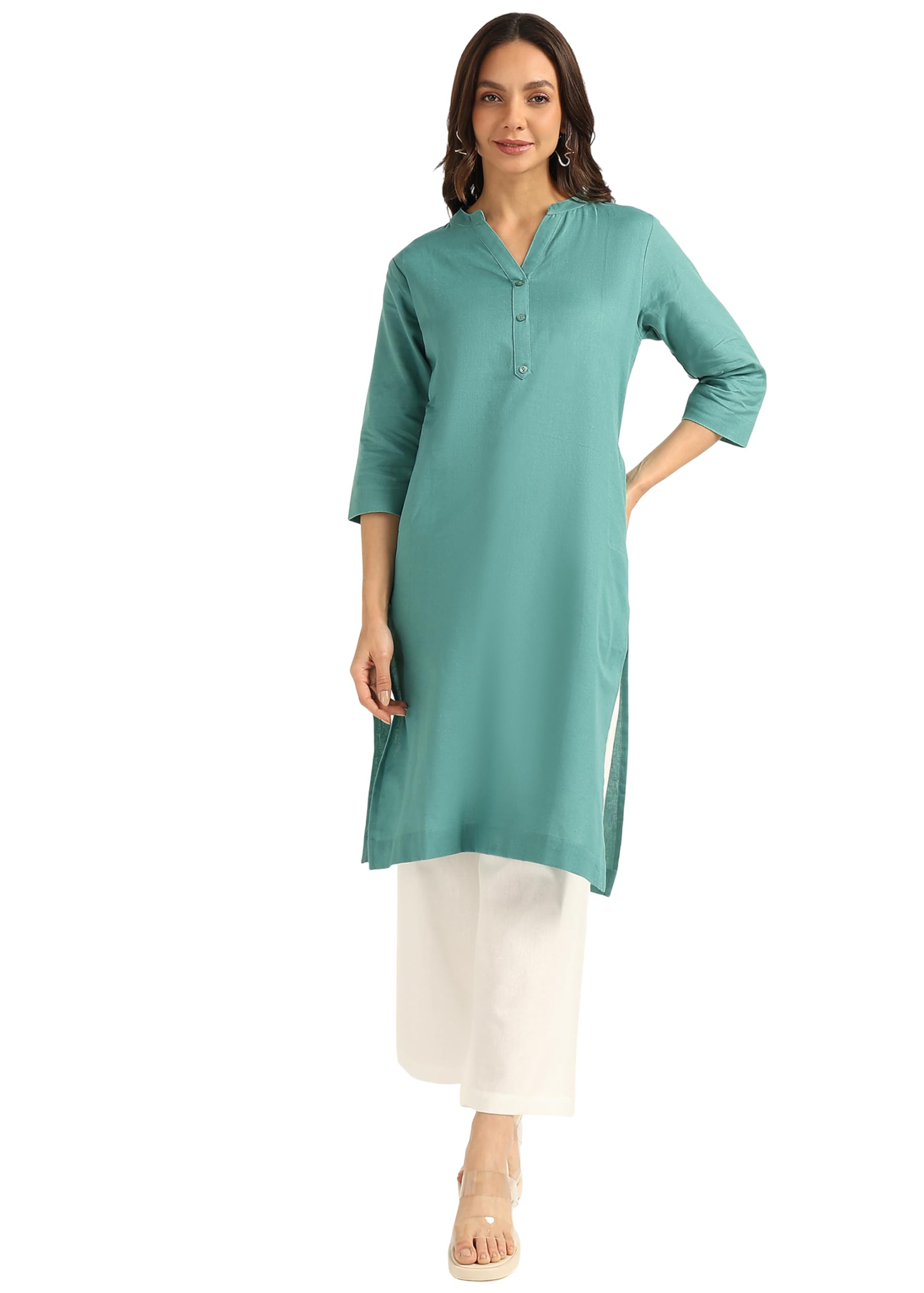 BLOCKS OF INDIA Long Cotton Kurta Womens Plain Straight Kurta, 3/4 Sleeve, Knee Length with 2 Pockets