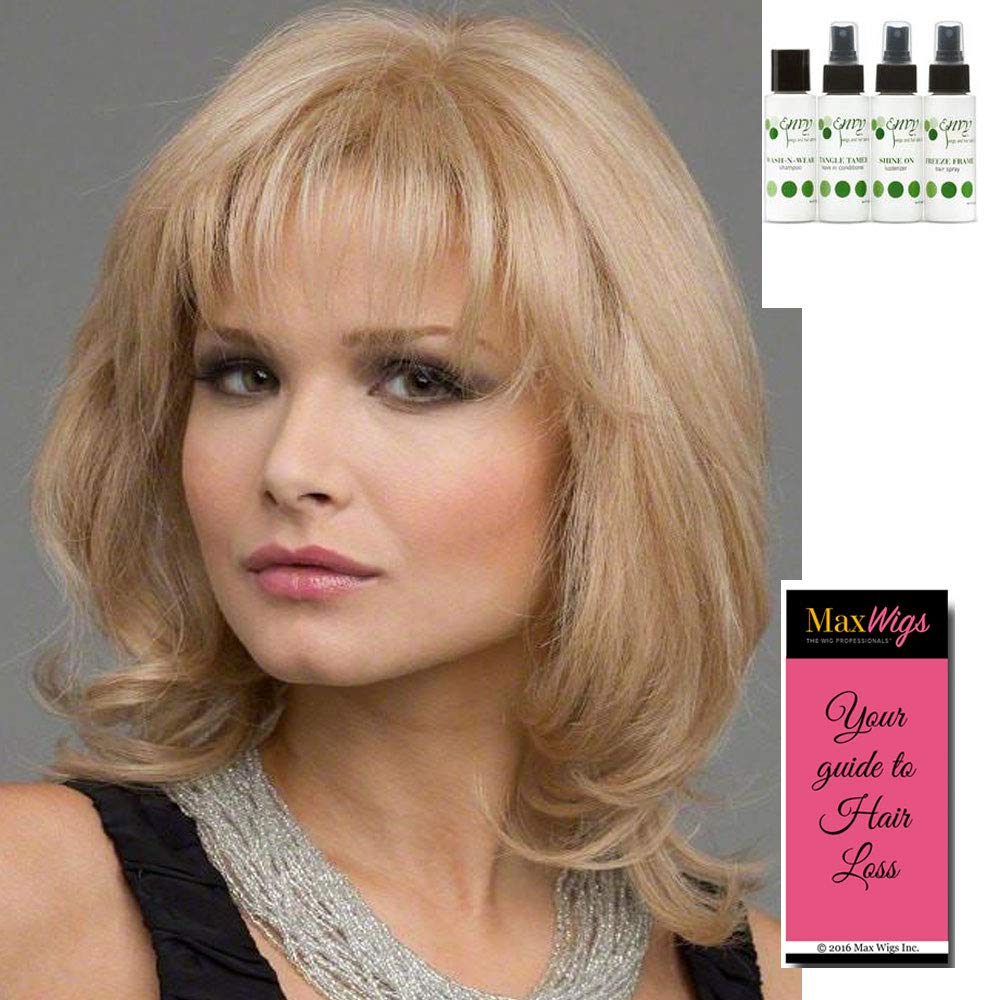 Danielle Wig Color MEDIUM BLONDE 8" Medium Length Human Hair Heat Friendly Synthetic Blend Lace Front Monofilament Top Wavy Peluca Bundle Travel Kit, MaxWigs Hairloss Booklet