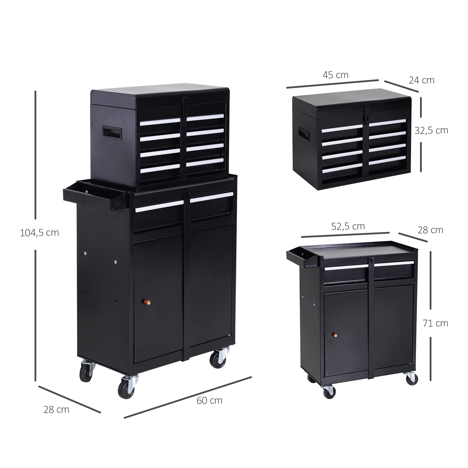DURHAND Carro de Herramientas con Ruedas Taller Móvil con 5 Cajones Armario de Almacenaje y Alfombra Antideslizante Carga 52 kg para Garaje 60x28x104,5 cm Negro