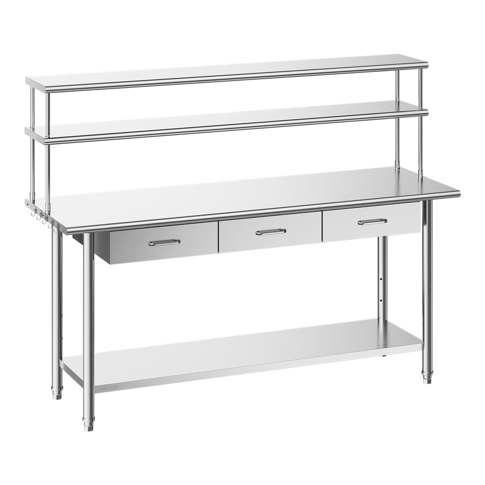 VEVOR Mesa de Trabajo de Acero Inoxidable con 3 Cajones y Estantes Superiores, Mesa de Preparación 182,9x61x140 cm, Estante Inferior Ajustable, Bordes Redondeados, para Restaurantes, Hoteles, Garajes