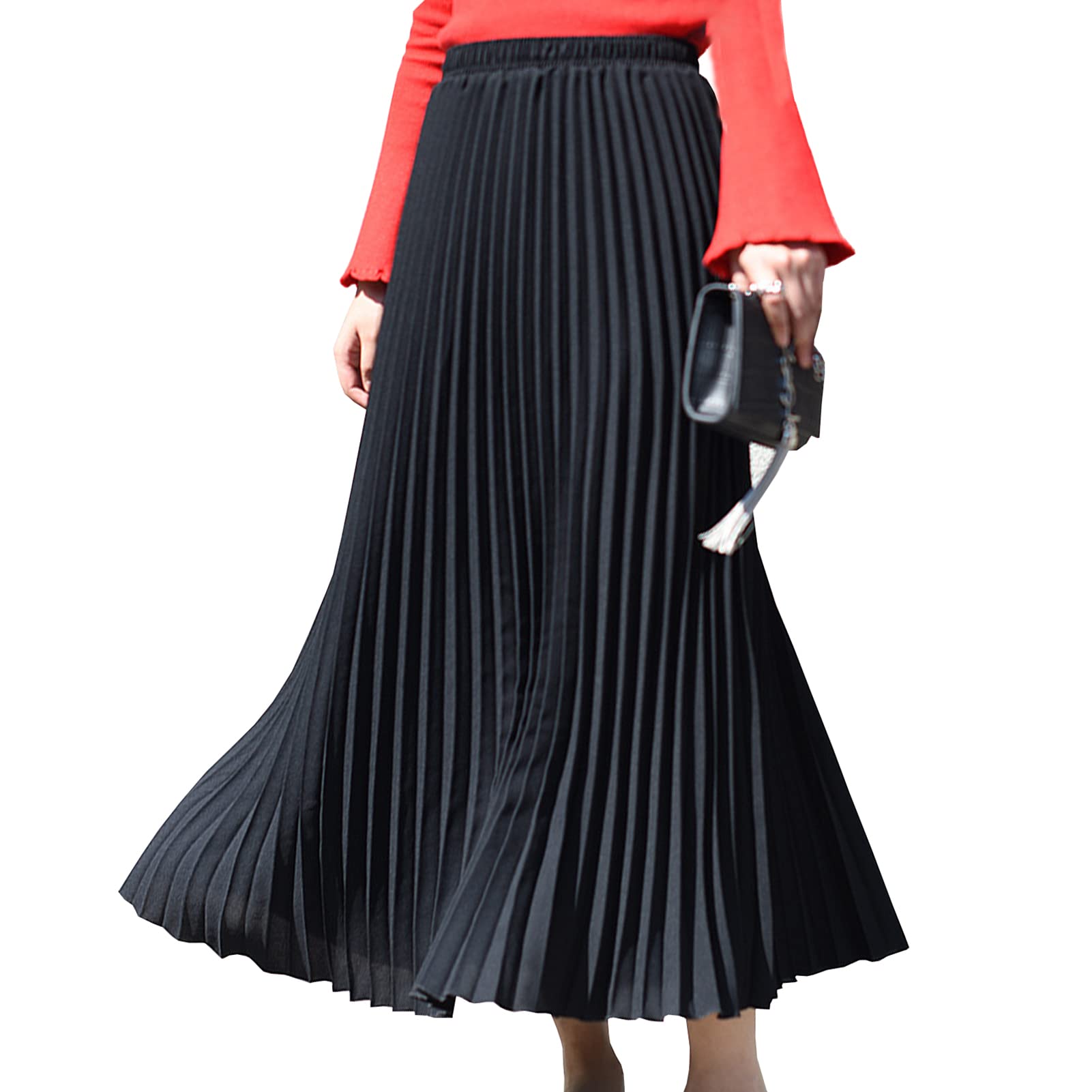 Yishengwan Women's Black Long Skirts Elastic Waist Pleated Skirt Party Midi Flowy Skirts M