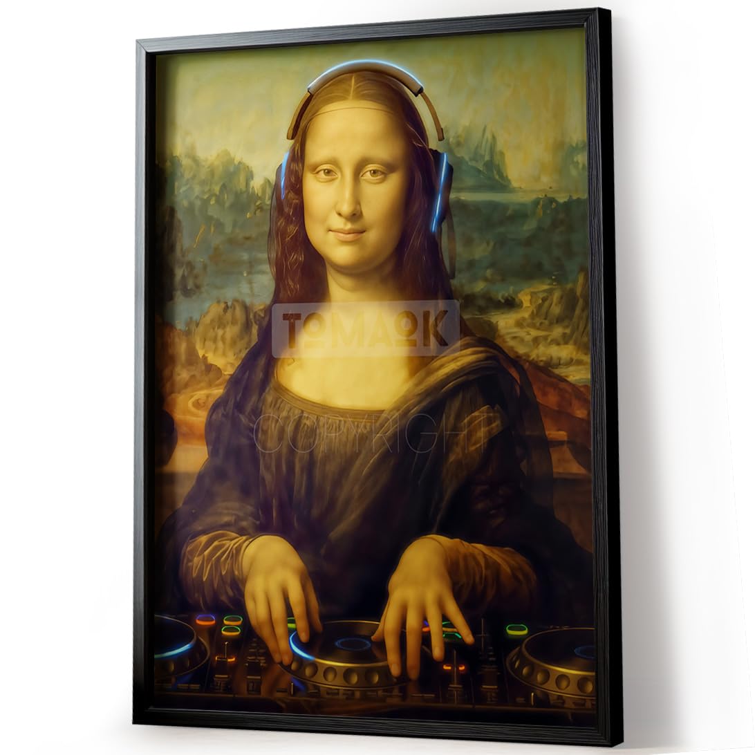 Tomaok Poster Gioconda DJ, Meme Leonardo Da Vinci (cornice non fornita) Parodia Mona Lisa, Disc Jockey Party Humor, decorazione da parete divertente, discoteca Pista da ballo