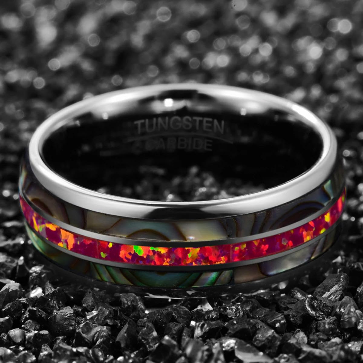 Anillo de carburo de tungsteno Cúpula de Acero de 8 mm con Incrustaciones de Dos Conchas de abulón + Anillo de ópalo Magenta Profundo Ajuste cómodo
