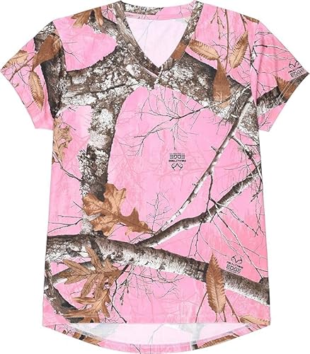 Bell Rangers Realtree Edge Women’s Pink Camo V-Neck Performance T-Shirt – Short Sleeve 100% Polyester Hunting & Outdoor Tee (US, Alpha, Small, Regular, Regular, Realtree Edge Pink Camo)