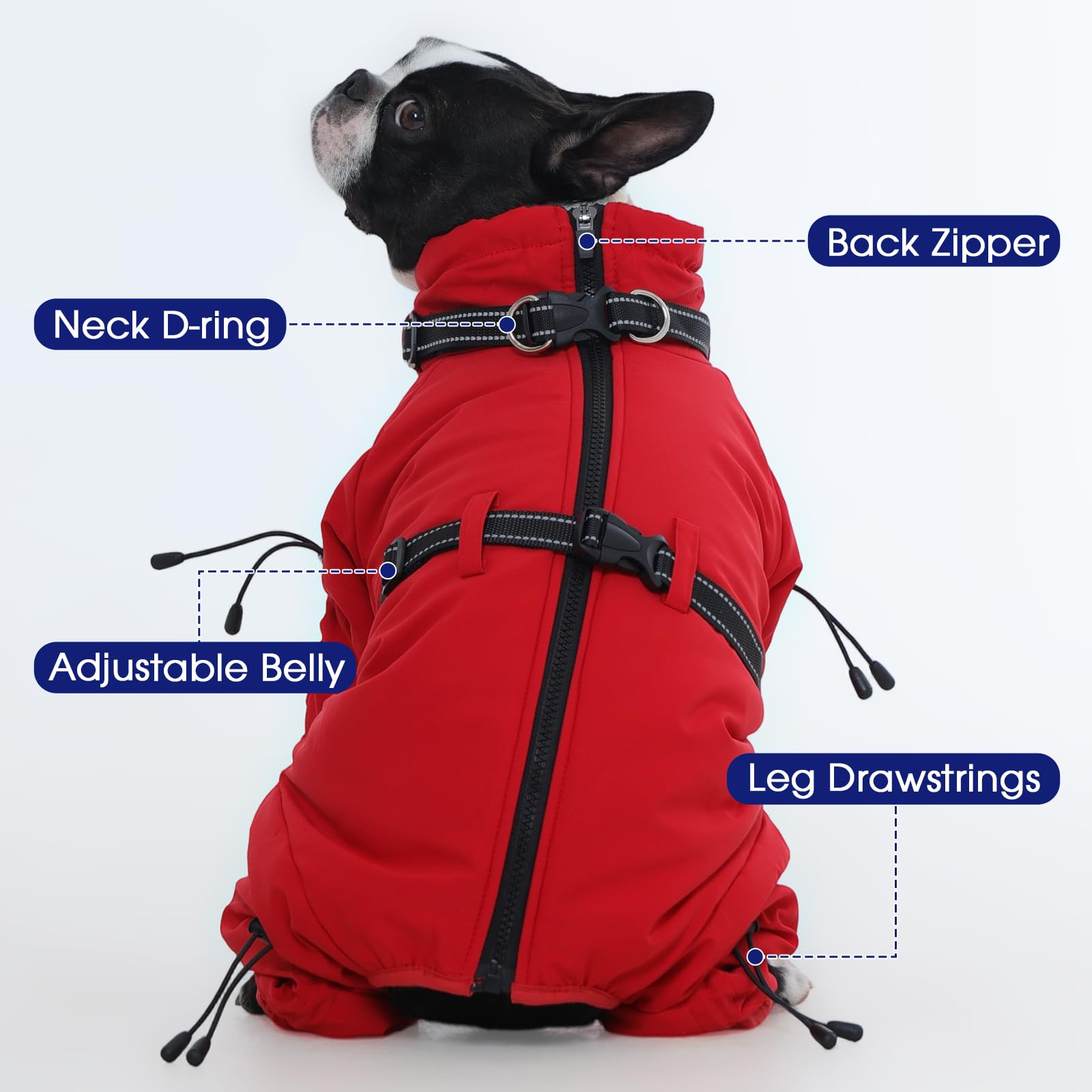FUAMEY Abrigo de cuerpo completo para perro, chaquetas de forro polar cálido para perro con arnés integrado, resistente al viento, traje de nieve con cremallera para mascotas de cuatro patas, traje de
