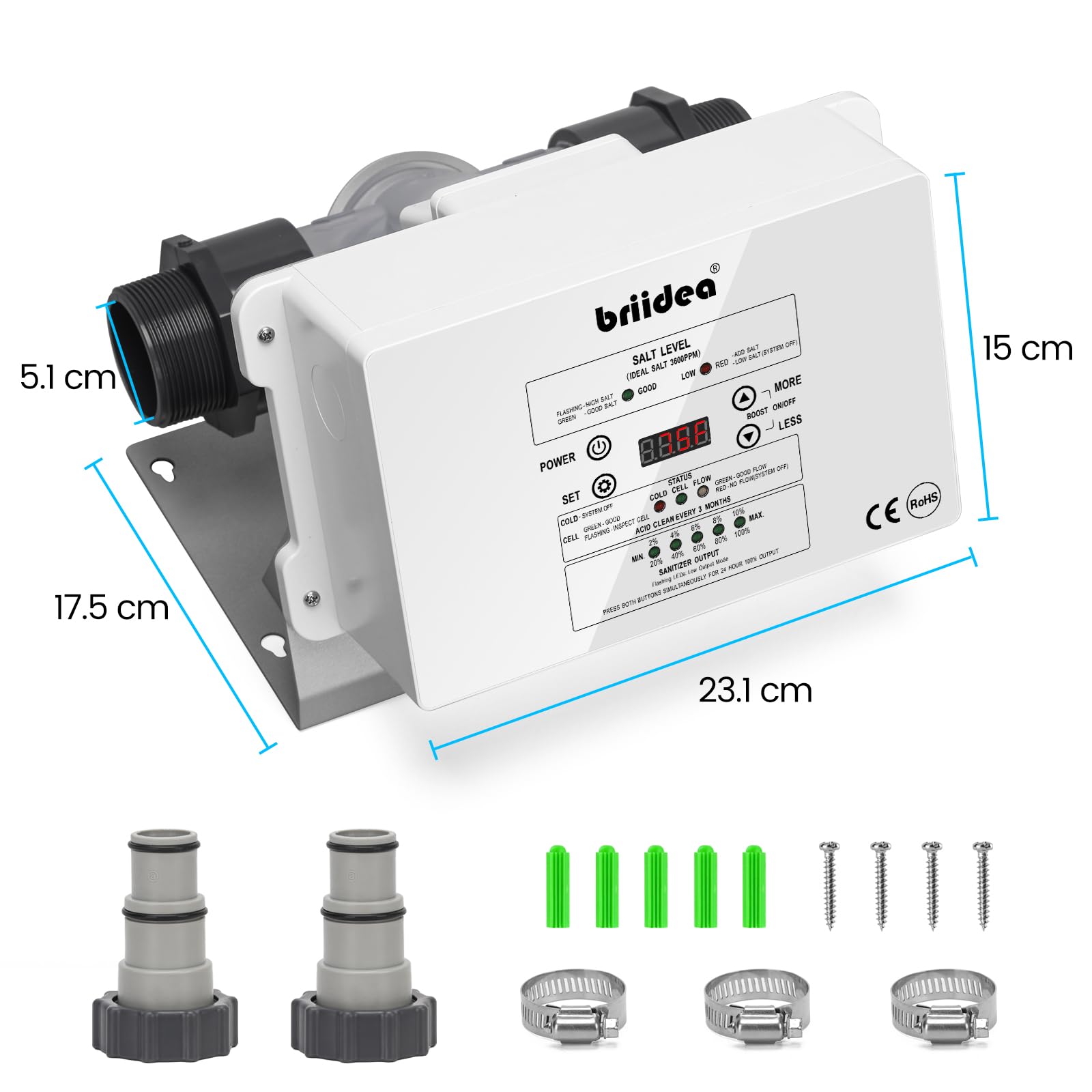 Pool Salzwasseranlage, Briidea Chlorinator Salzwassersystem mit US-Titanzelle, 6G/H, für Aufstellpools bis 56.800 L, kompatibel mit Intex, IP66 wasserdicht, intelligentes Bedienfeld
