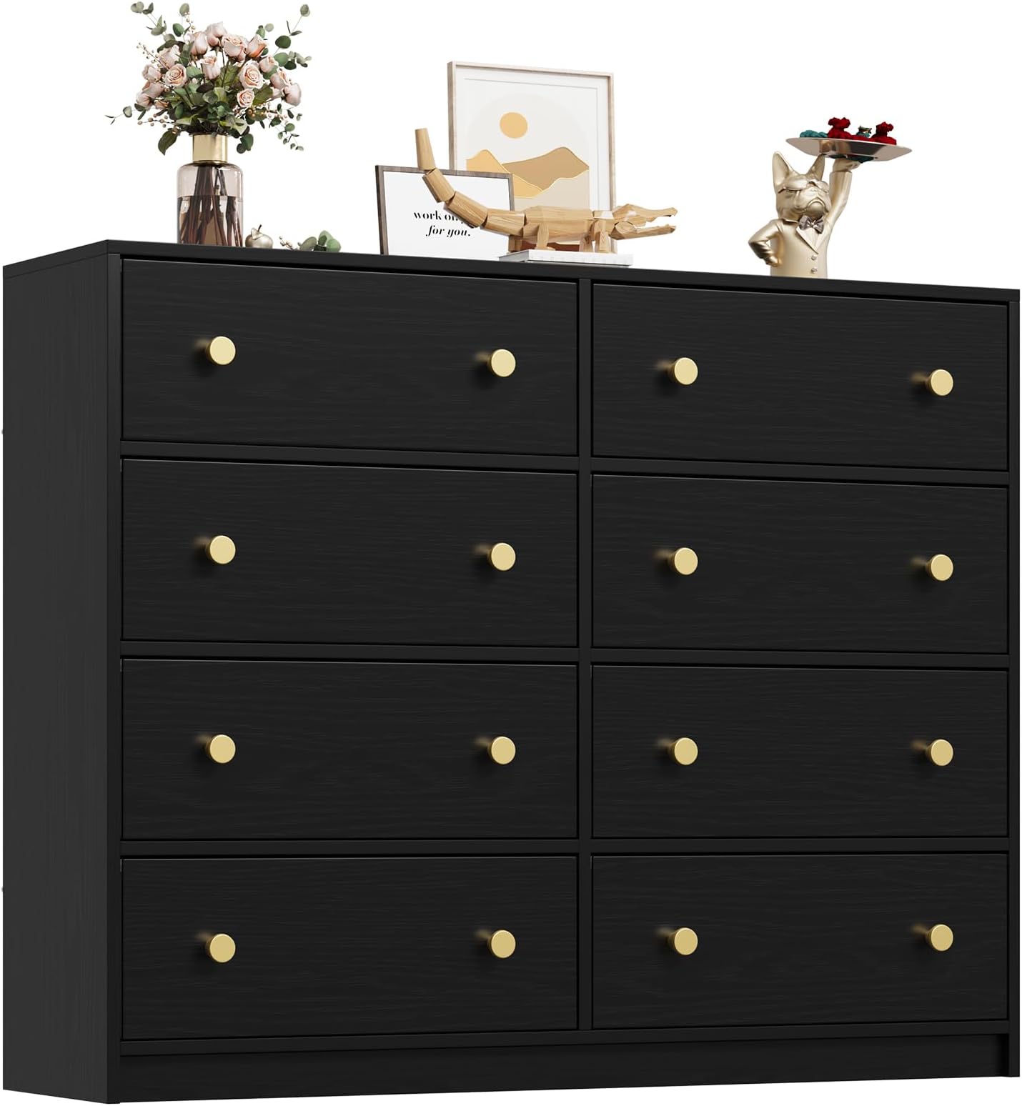 Nicehill Chest of Drawers with 8 Drawers, Wooden Frame & Gold Handles, Fabric Chest of Drawers for Bedroom, Living Room, Hallway, Entryway, Black