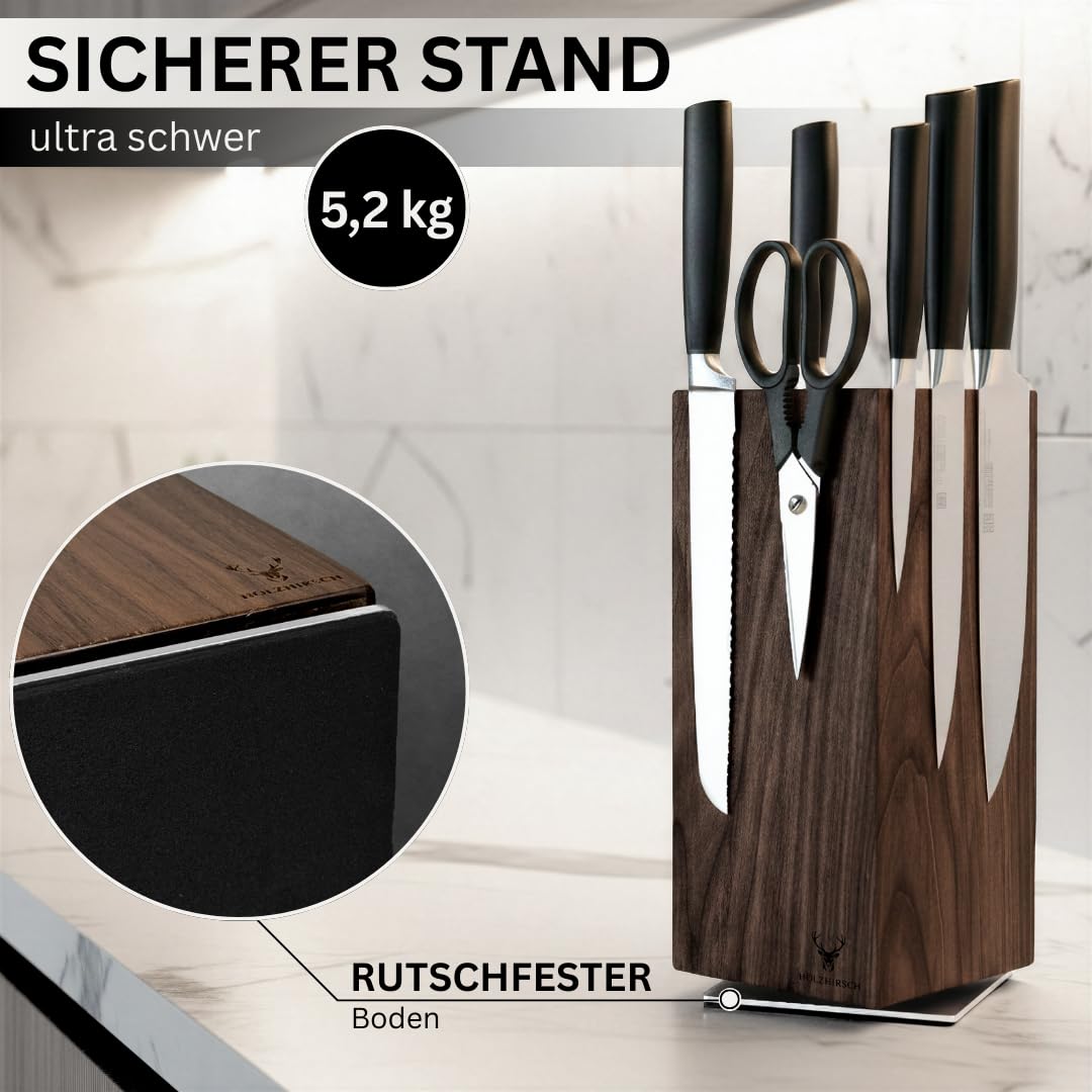 Messerblock ohne Messer magnetisch [Premium] | 360° drehbar | 5,2 kg extra schwer | Rutschfeste Edelstahl-Basis | Nordamerikanische Walnuss