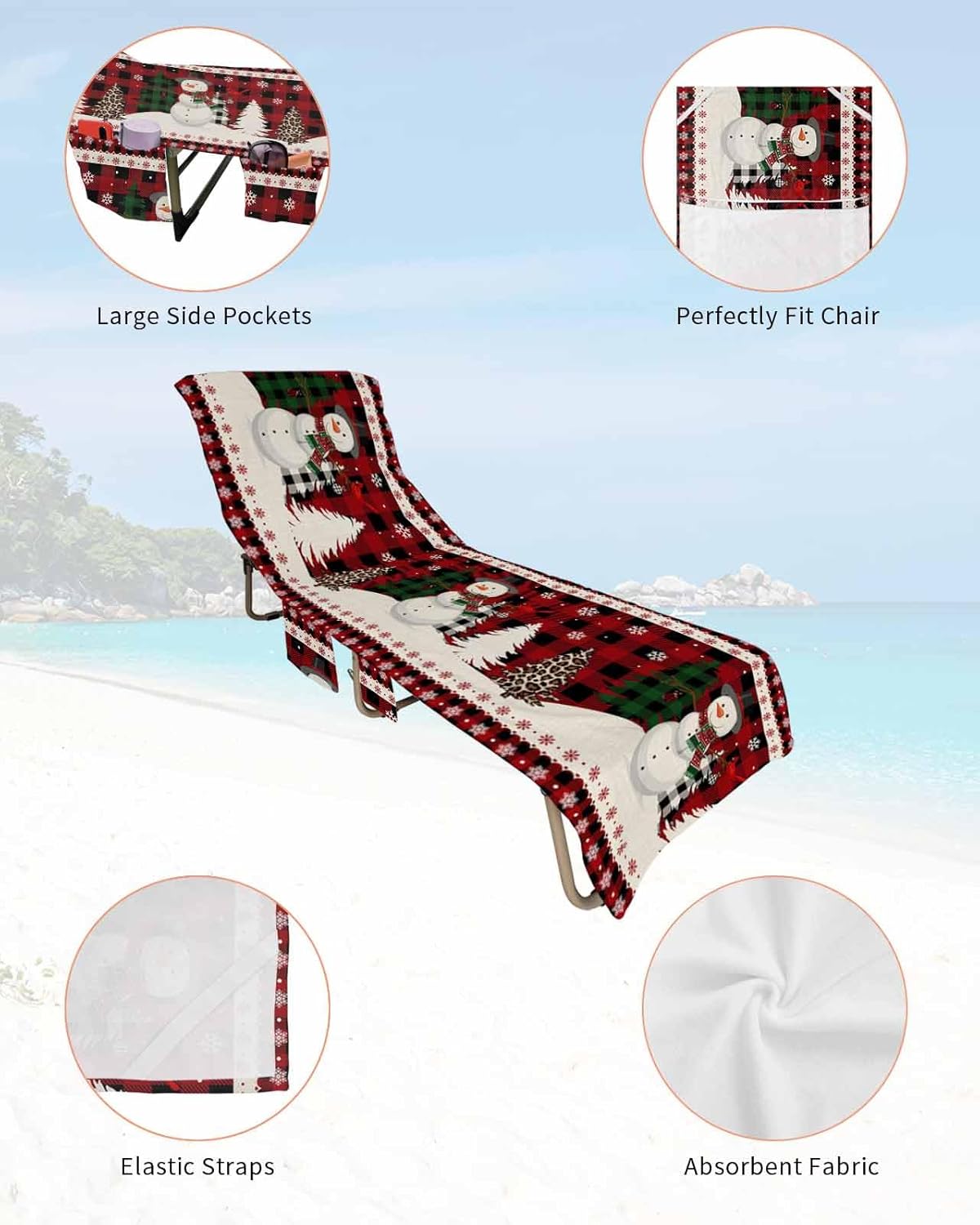 Winter Snowman Beach Pool Patio Lounge Chaise Chair Cover Towel With Pockets,Absorbent & Quick Dry Microfiber Towel Cover Bag Summer Accessories for Sunbathing Farmhouse Christmas Red Plaid Leopard