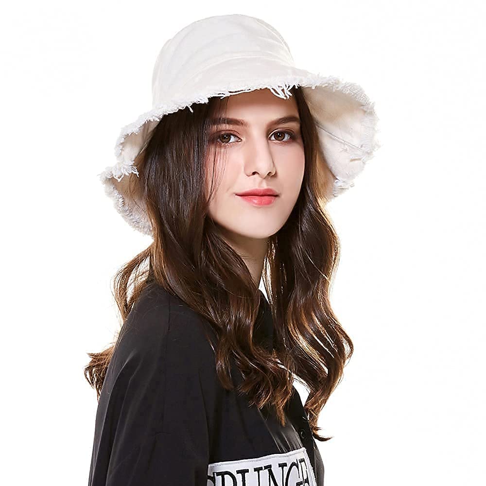 Feng Shui， Distressed-Sun-Bucket-Hat Sonnenschutz-Strandkappe aus gewaschener Baumwolle mit breiter Krempe für den Sommer