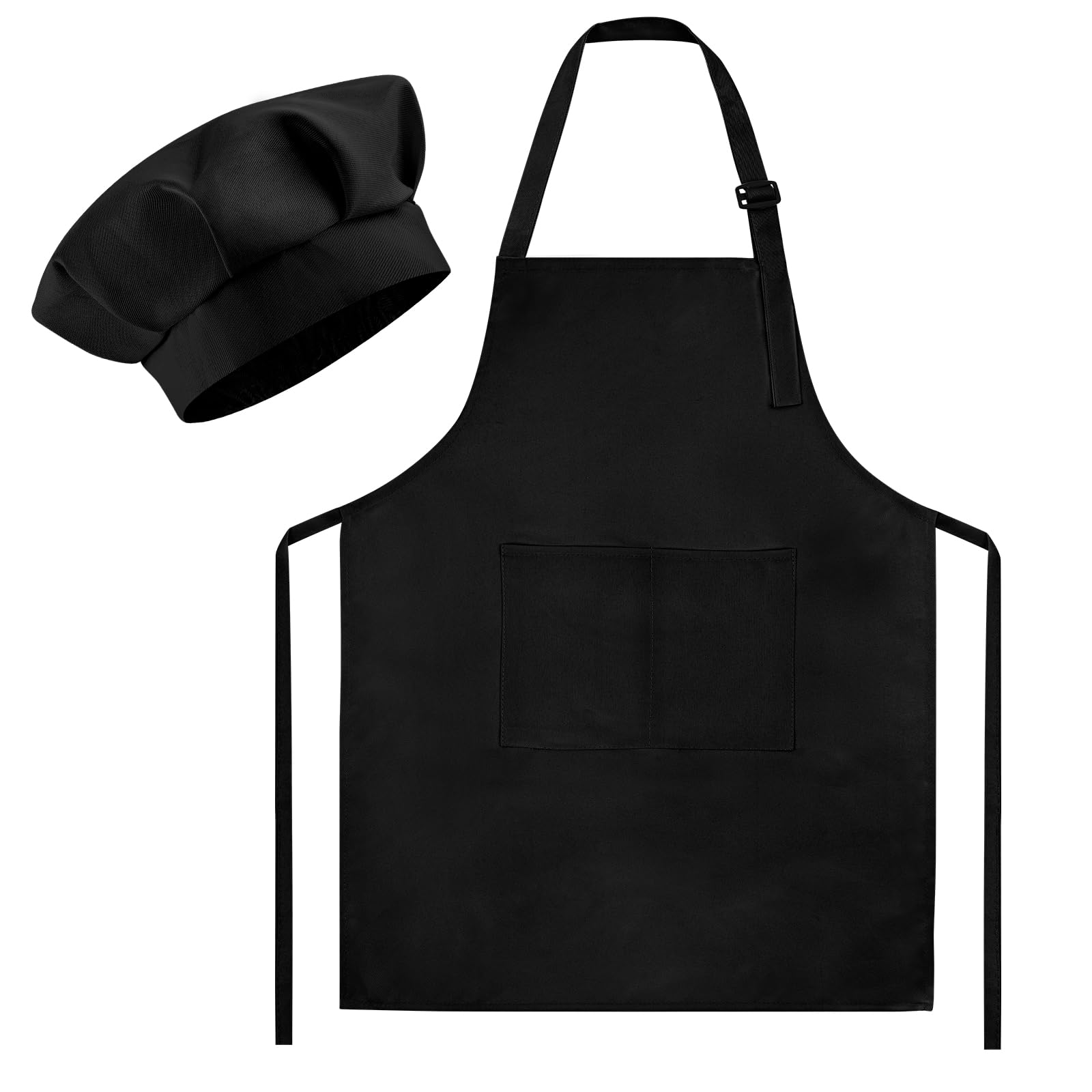 Morcheiong Juego de gorro y delantal de chef para niños, delantal de pintura ajustable negro y sombrero de chef con 2 bolsillos grandes para niños, cocina, pintura, horneado, Negro, 23.5" x 18.3"