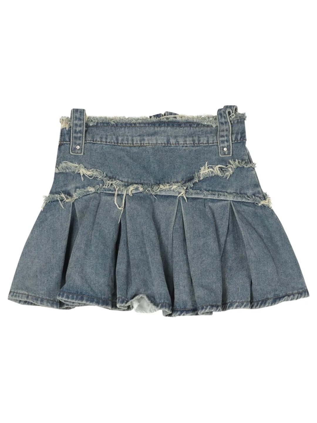 Gonna a pieghe in denim da donna con bordi grezzi - Vita alta - Cerniera