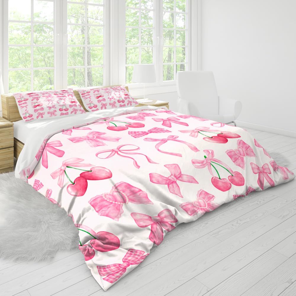 Reateforin Pink Bowknot Bows Duvet Cover Bed Covers Set Twin Size,Dreamy Princess Style Kids Girls Super Soft Microfiber Bedding Set for Adults Teens Pink Cherry Bow Bedding Set Coquette Decor 68