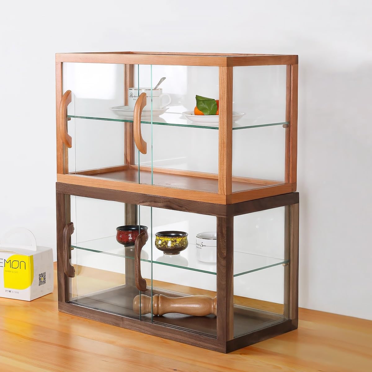 Vitrina de madera para pastelería, vitrina comercial de 2 niveles, vitrina de pasteles, coleccionables, vitrina de cristal